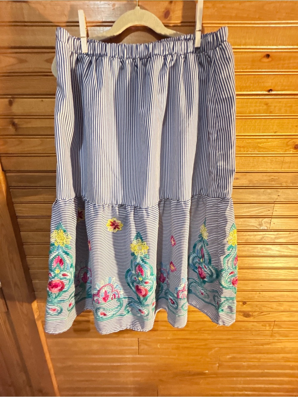 Striped Blue & White Embroidered Tiered Skirt